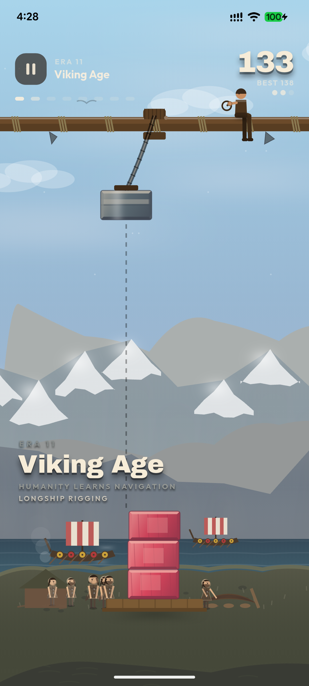 Stack Odyssey — Viking Age, a stone block swinging from a lashed timber gantry over longships